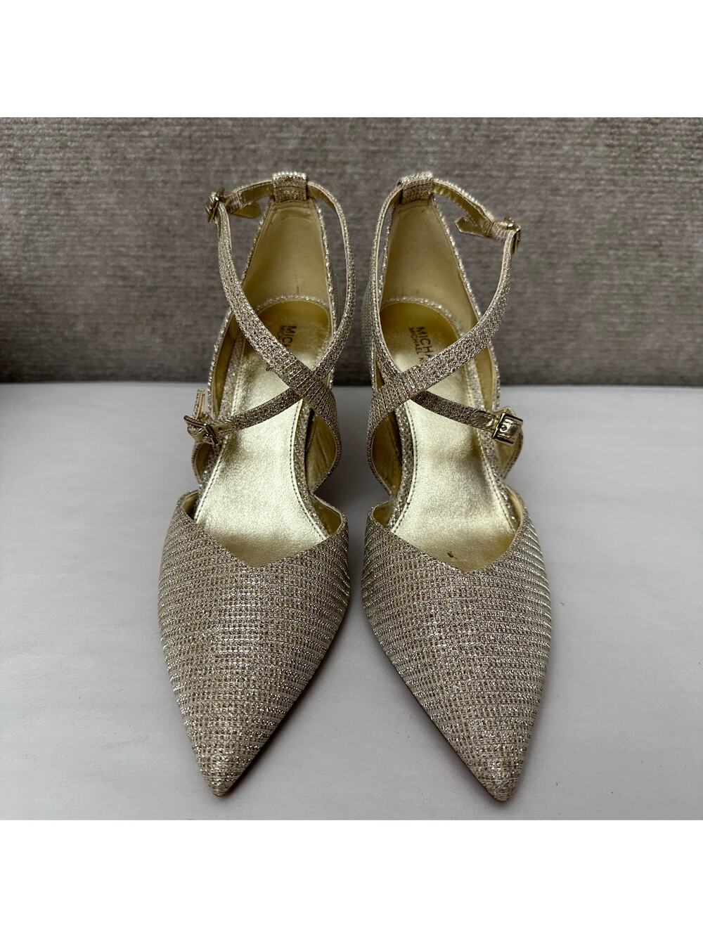 Michael Kors Adela Flex Pump Gold Glitter Chain Mesh Pointed Toe Heels 7.5M / 38